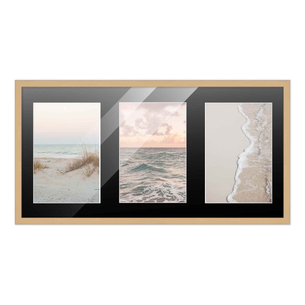 CustomPictureFrames.com 8.5x17 Natural Wood Collage Frame with Black Mat for 3 5x7 Pictures