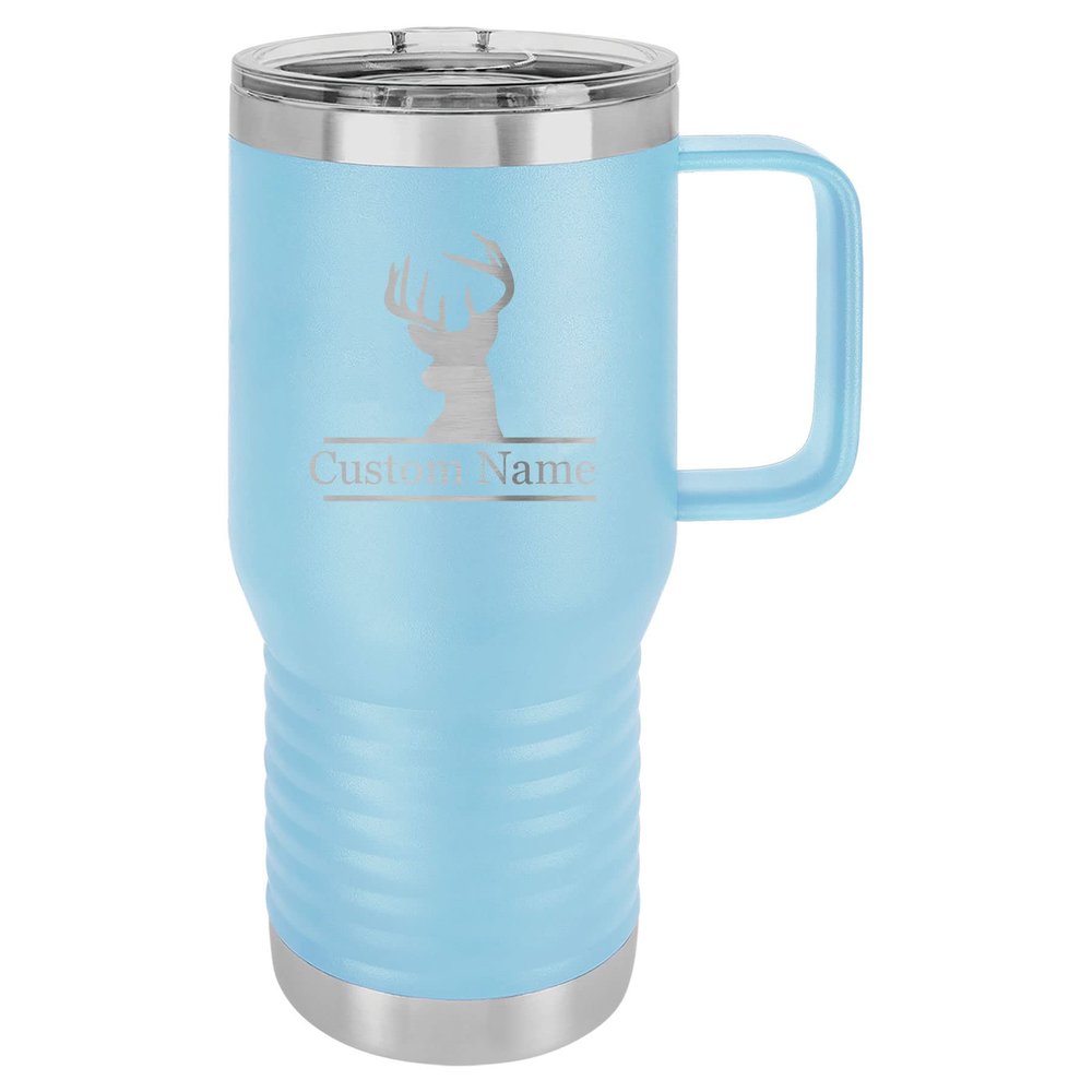 20-Ounce Vacuum Insulated Stainless Steel Tumbler Customized Double-Walled Laser Engraved Coffee Closing Travel Mug, Light Blue Deer Hunter Hunting, Personalized