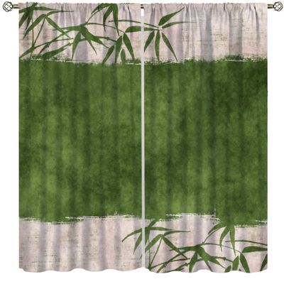 Chinese Retro Bamboo Print Curtains,Green Ink Painting Plant Leaves Home Bedroom Living Room Window Curtains 42x45 Inch