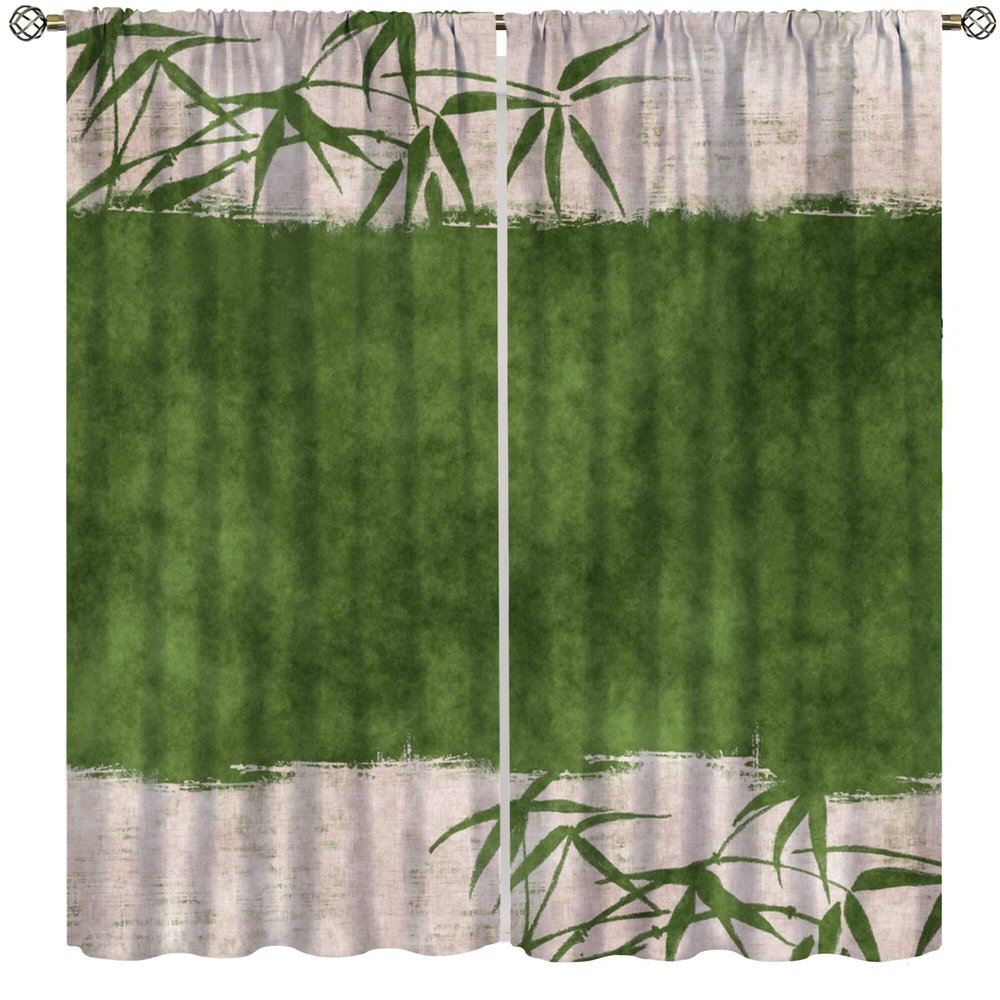 Chinese Retro Bamboo Print Curtains,Green Ink Painting Plant Leaves Home Bedroom Living Room Window Curtains 42x45 Inch