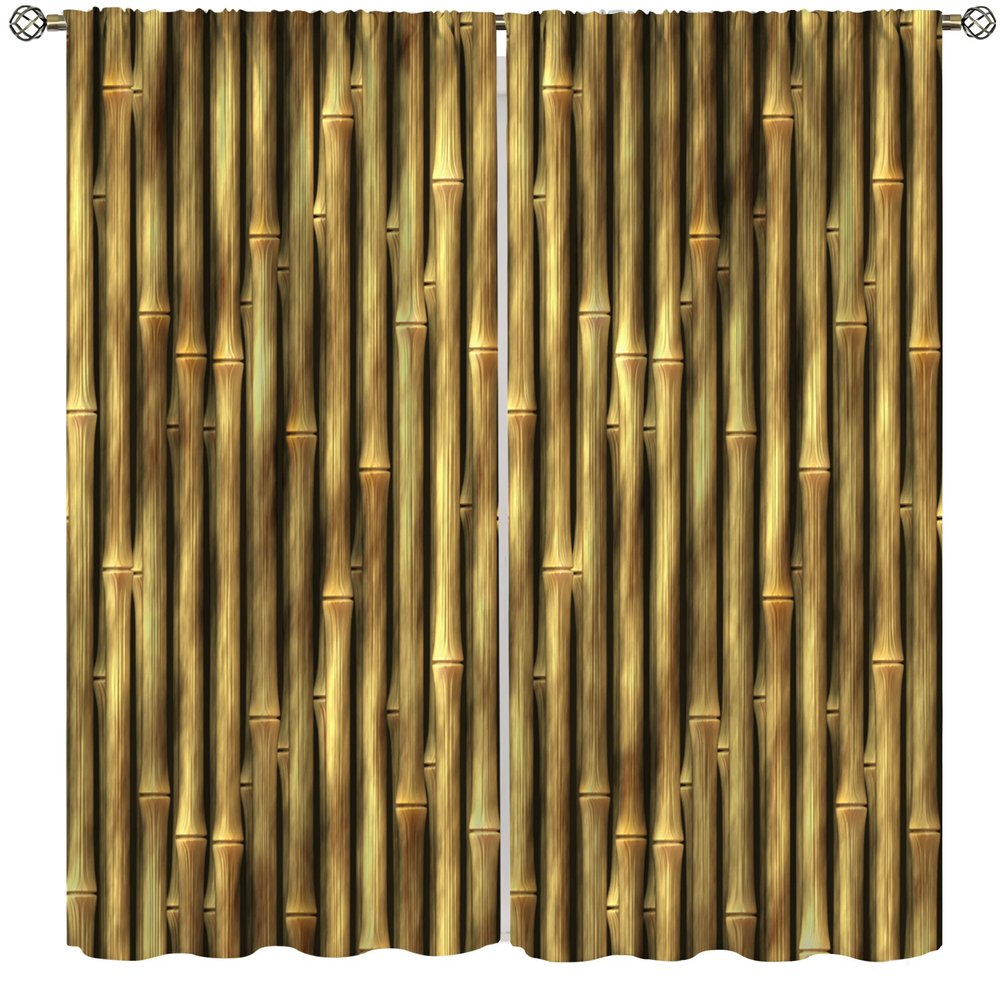 3D Bamboo Print Curtains, Retro Bedroom Living Room Home Decor, Natural Plant Leaves Japanese Style Window Curtains 63x72in