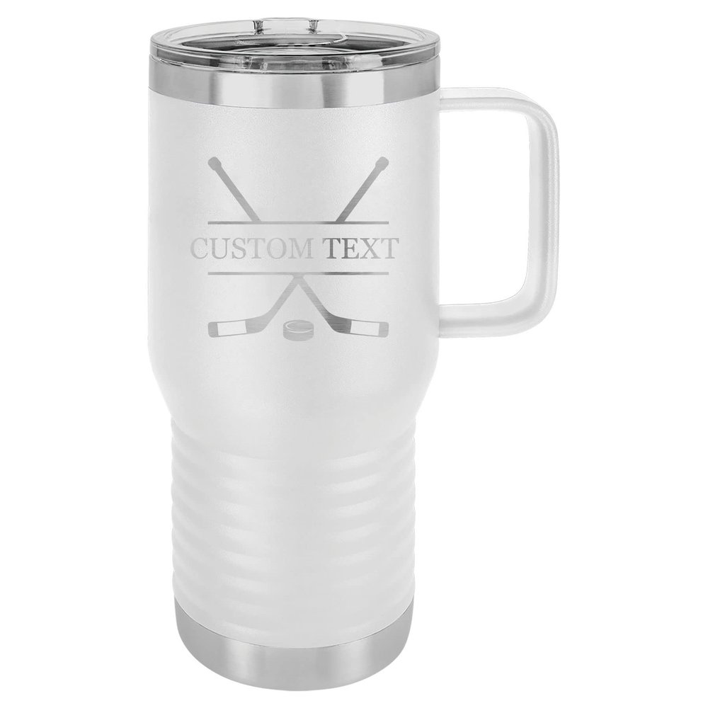 20-Ounce Vacuum Insulated Stainless Steel Tumbler Customized Double-Walled Laser Engraved Coffee Closing Travel Mug, White Hockey Player Sticks, Personalized