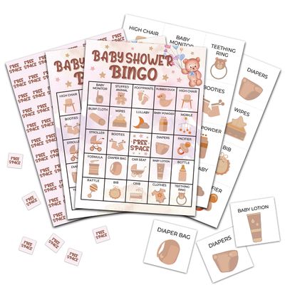 Foosproea Baby Shower Bingo Games - Gender Neutral Cards for 24 Players, Bear Balloons Card Game for Family Friends Activities, Blush Pink Shower Party Supplies Decorations (03)