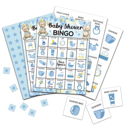 Foosproea Baby Shower Bingo Games - Gender Neutral Cards for 24 Players, Bear Balloons Card Game for Family Friends Activities, Watercolor Blue Shower Party Supplies Decorations (04)