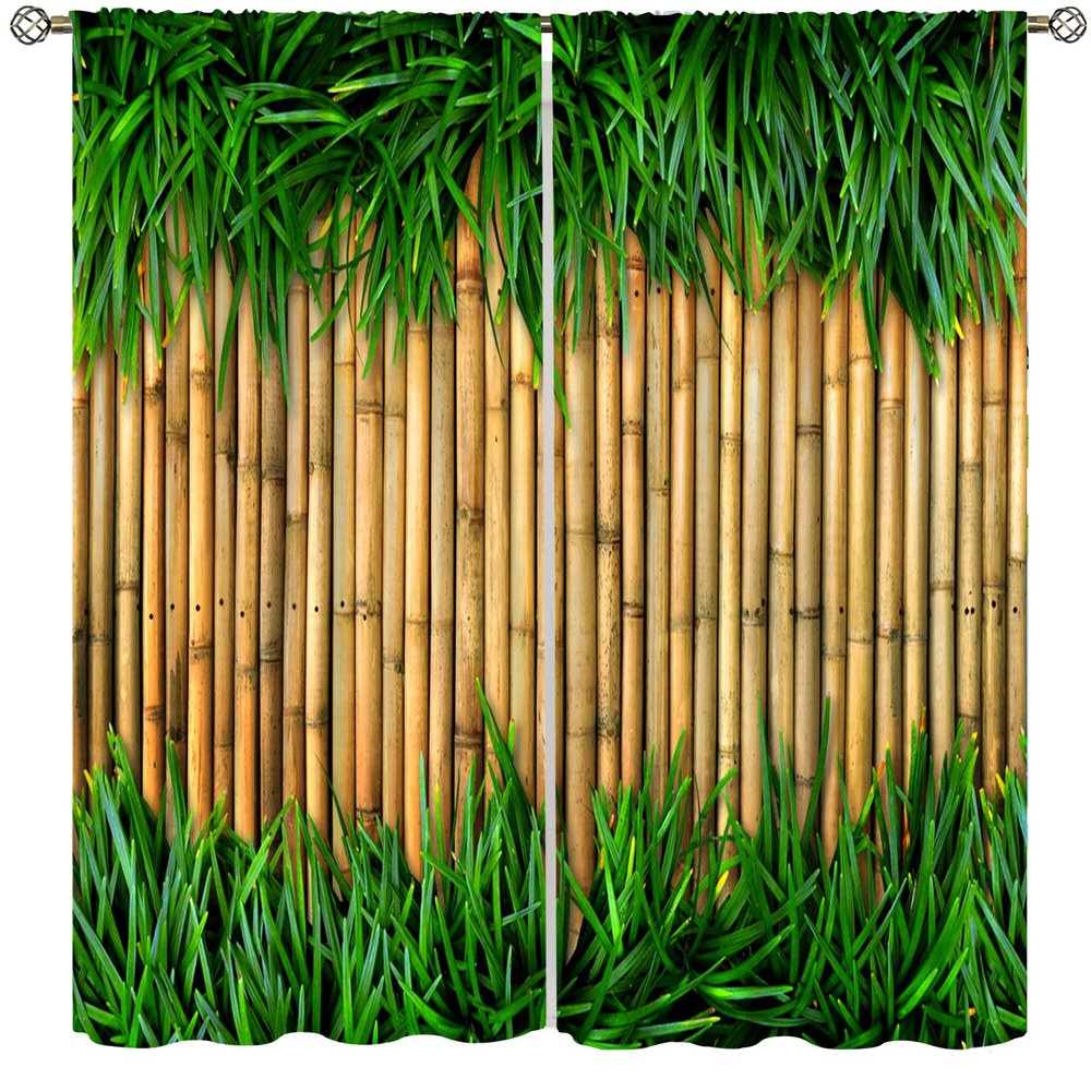 3D Bamboo Print Curtains, Natural Plant Leaves Bedroom Living Room Window Decor,Natural Landscape Forest Plant Curtains 42x54 Inch