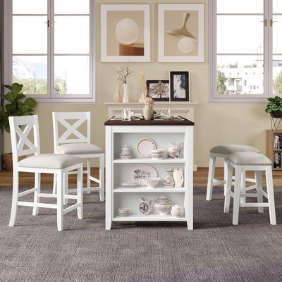 KLMM Classic Rustic 5 Pieces Counter Height Dining Table Set with 2 Stools and 2 Chairs,Wooden Bar Table Set with 3-Tier Shelves,for Small Places Kitchen Restaurant (White@y)