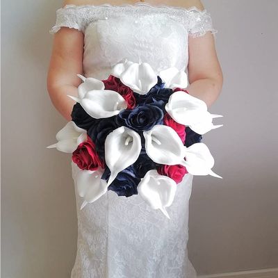 HXSCOO Wedding Collections Bridal Navy Blue Mix Burgundy Rose Silk Fabric Wedding Flowers Bouquet