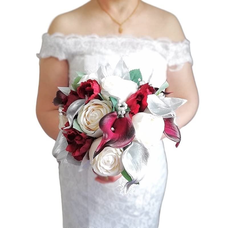HXSCOO Ivory Roses with Burgundy Silver Calla Lilies Wedding Bouquet Silk Flowers Round Vintage