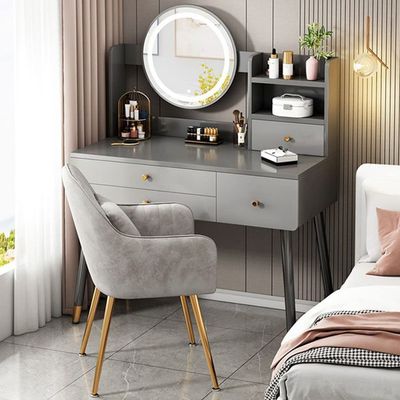 KWOKING Wood Vanity with Mirror Dimmable Vanity Set with Stool Dressing Table Bedroom Modern Small Apartment Storage Cabinet Integrated Makeup Table Grey with Pillow Back Stool 39" L x 16" W x 51" H