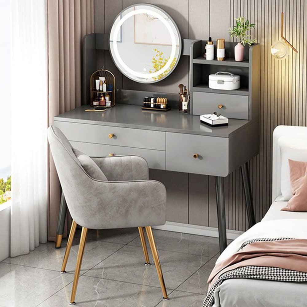 KWOKING Wood Vanity with Mirror Dimmable Vanity Set with Stool Dressing Table Bedroom Modern Small Apartment Storage Cabinet Integrated Makeup Table Grey with Pillow Back Stool 39" L x 16" W x 51" H