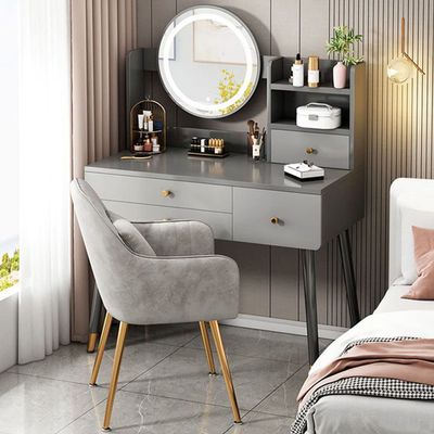 KWOKING Wood Vanity with Mirror Dimmable Vanity Set with Stool Dressing Table Bedroom Small Apartment Storage Cabinet Integrated Makeup Table Grey with Pillow Back Stool 31.5" L x 15.7" W x 51.2" H