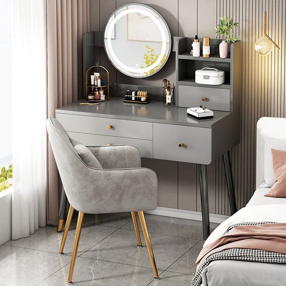 KWOKING Wood Vanity with Mirror Dimmable Vanity Set with Stool Dressing Table Bedroom Small Apartment Storage Cabinet Integrated Makeup Table Grey with Pillow Back Stool 31.5" L x 15.7" W x 51.2" H