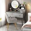 KWOKING Wood Vanity with Mirror Dimmable Vanity Set with Stool Dressing Table Bedroom Small Apartment Storage Cabinet Integrated Makeup Table Grey with Pillow Back Stool 31.5" L x 15.7" W x 51.2" H view 1