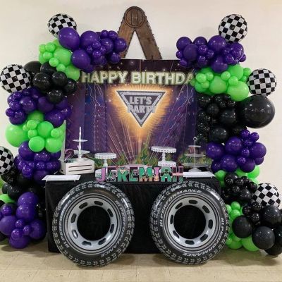 145Pcs Monster Truck Theme Purple and Green Black Balloon Garland Arch Kit with Big Wheels Checkered Foil Balloons for Kids Truck Race Car Birthday Jam Party Decorations Monster Truck Party Supplies