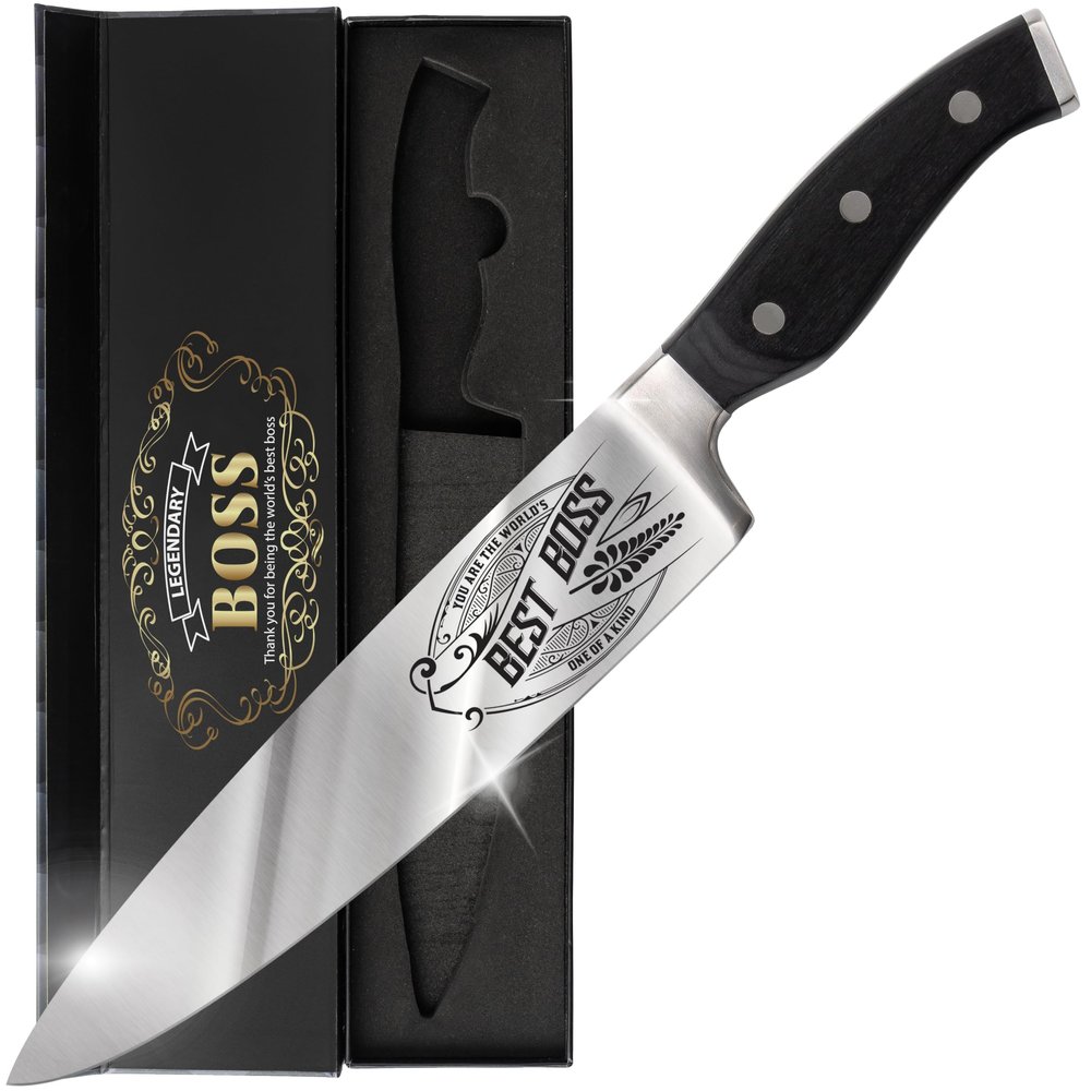 CUTLINX Birthday Gift BEST BOSS - Premium Chef Knife Gift - 8" Stainless Carbon Steel Kitchen Knive w/Pakka Wood Handle - Birthday, Father's Day, Anniversary, Housewarming, Holiday Gifts