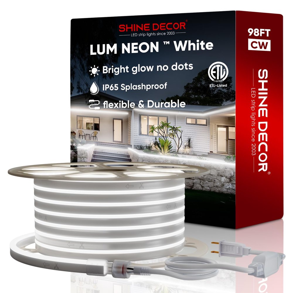 Shine Decor LED Neon Rope Lights AC 120V, Expandable & Cuttable 120LEDs/M Bright Strip Lighting, ETL Cold-Resistant & IP65 Waterproof for Indoor Outdoor, 8x16mm, 6300K Cool White, 98.4ft