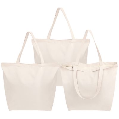 Segarty Canvas Tote Bag with Zipper, 3 Pack 18x15 Blank Canvas Bags for Women, Reusable Tote Bags Aesthetic with Natural Cotton Cloth Shoulder Strap, Bulk for DIY Grocery Beach Travel Gift