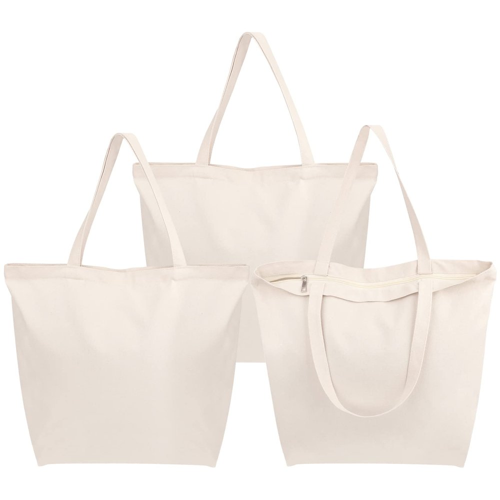 Segarty Canvas Tote Bag with Zipper, 3 Pack 18x15 Blank Canvas Bags for Women, Reusable Tote Bags Aesthetic with Natural Cotton Cloth Shoulder Strap, Bulk for DIY Grocery Beach Travel Gift
