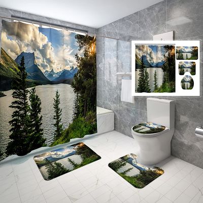 4 Piece Glacier National Park Shower Curtain Waterproof Glacier National Park Wild Goose Sunset Montana Bathroom Sets with Non-Slip Rugs, Toilet Lid Cover and Bath Mat with Standard Size