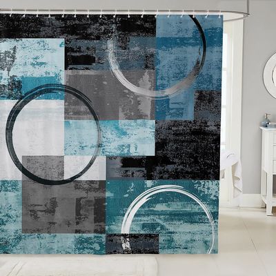 Teal Blue Ombre Art Shower Curtain Modern Retro Circular Geometric Circle Bath Curtain,Abstract Round Oil Painting Graffiti Decor Curtain Set,Grunge Striped Farmhouse Decor,Grey Black 72"Wx72"L