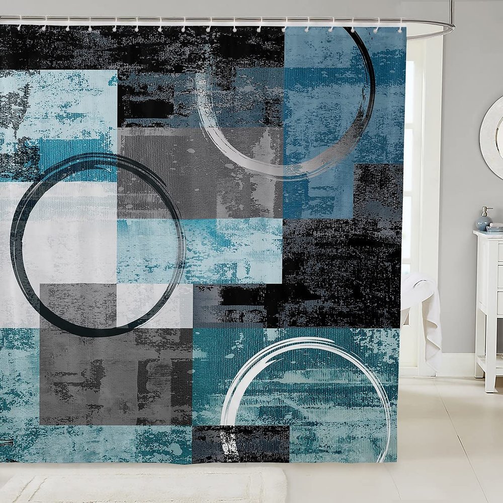 Teal Blue Ombre Art Shower Curtain Modern Retro Circular Geometric Circle Bath Curtain,Abstract Round Oil Painting Graffiti Decor Curtain Set,Grunge Striped Farmhouse Decor,Grey Black 72"Wx72"L