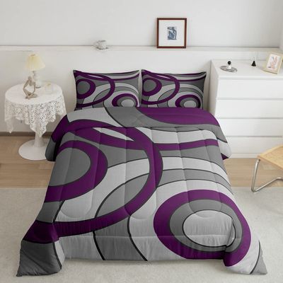 Geometric Circle Quilt Lines Striped Bedding Comforter Sets,Gradient Purple Grey Modern Vintage Round Bedding Set Abstract Spiral Swirl Duvet Insert Full,Psychedelic Artsy Room Decor Aesthetic