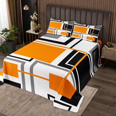 Geometric Squares Grids Kids Bedspread King Size,Abstract Diamond Geometric Coverlet Set,Girls Boys Adults Room Decor,Orange Black White Modern Quilted Coverlet,Bright Bedding Quilt,2 Pillowcases