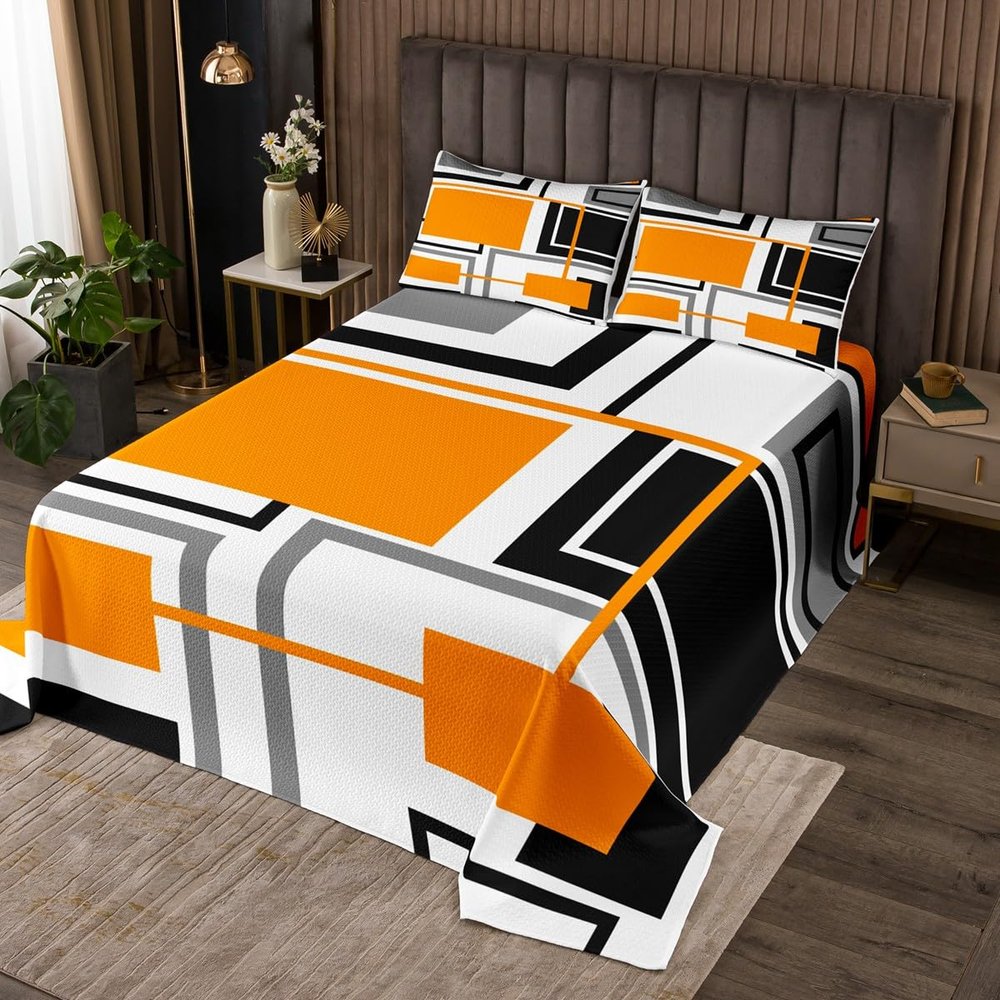 Geometric Squares Grids Kids Bedspread King Size,Abstract Diamond Geometric Coverlet Set,Girls Boys Adults Room Decor,Orange Black White Modern Quilted Coverlet,Bright Bedding Quilt,2 Pillowcases