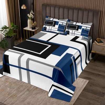 Blue Black White Squares Abstract Kids Bedspread Queen Size,Geometric Grids Diamond Coverlet Set,Girls Boys Adults Room Decor,Modern Patchwork Quilted Coverlet,Fashion Bedding Quilt,2 Pillowcases