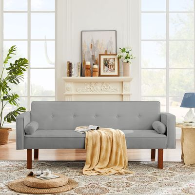 Anwick Modern Fabric Sofa Bed Futon,Convertible Sleeper Loveseat with 2 Pillows & Armrests,75" Folding Recliner Couch Bed with Solid Wood Legs for Living Room Bedroom Office Dorms (Light Grey)