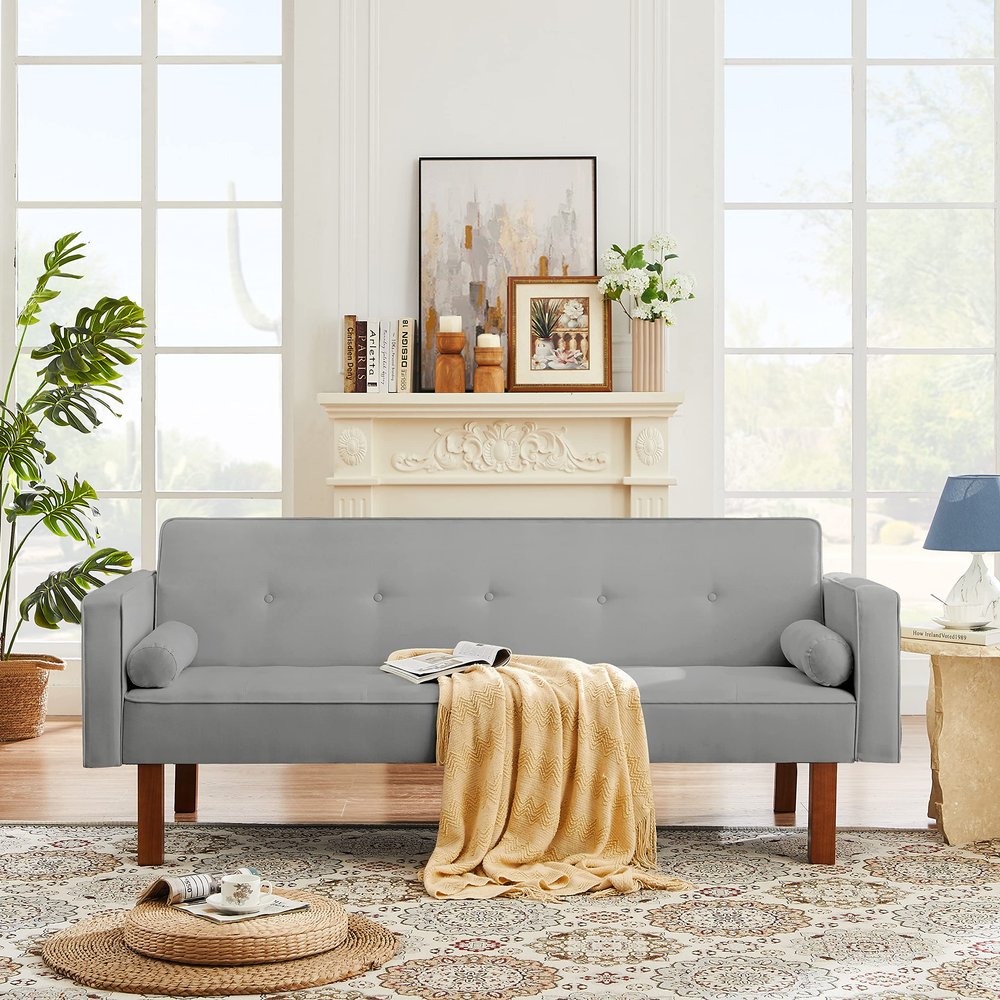 Anwick Modern Fabric Sofa Bed Futon,Convertible Sleeper Loveseat with 2 Pillows & Armrests,75" Folding Recliner Couch Bed with Solid Wood Legs for Living Room Bedroom Office Dorms (Light Grey)