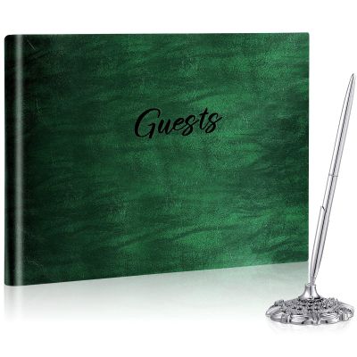 Geyee Leather Guest Book and Pen Stand Set, 10.5" x 8" Embossed Guests Sign in Book Registry Book for Funeral, Wedding Reception, Vacation Homes and Events, 80 Sheets (Green)