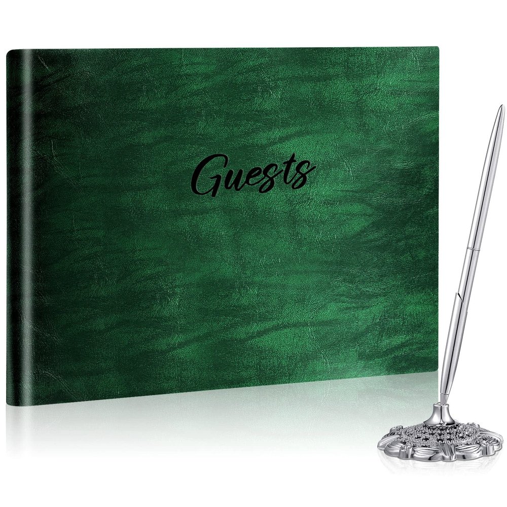 Geyee Leather Guest Book and Pen Stand Set, 10.5" x 8" Embossed Guests Sign in Book Registry Book for Funeral, Wedding Reception, Vacation Homes and Events, 80 Sheets (Green)