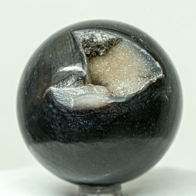 2.4" Black White Agate Sphere Natural Druzy Sparkling Mineral Ball Chalcedony Crystal Polished Stone - India + Stand