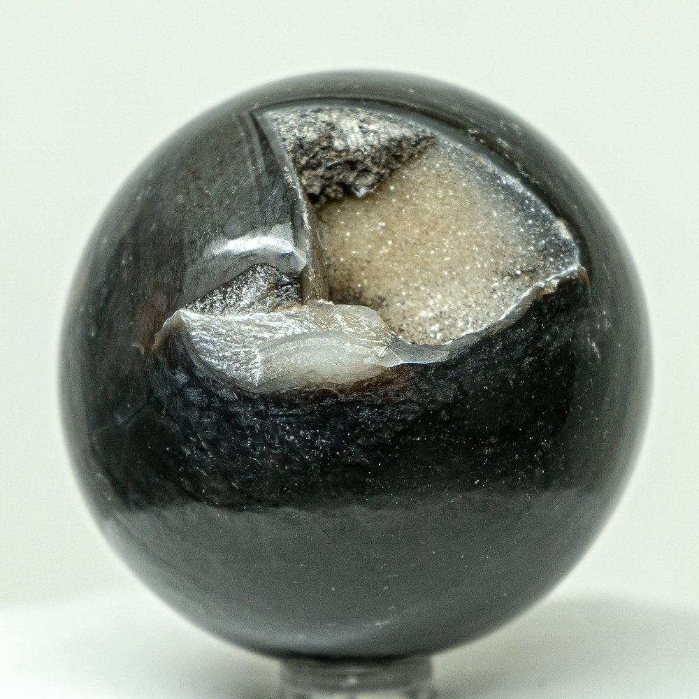 2.4" Black White Agate Sphere Natural Druzy Sparkling Mineral Ball Chalcedony Crystal Polished Stone - India + Stand