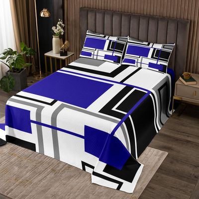 Geometric Squares Abstract Kids Bedspread King Size,Grids Diamond Geometric Coverlet Set,Girls Boys Adults Room Decor,Blue Black White Fashion Quilted Coverlet,Modern Bedding Quilt,2 Pillowcases