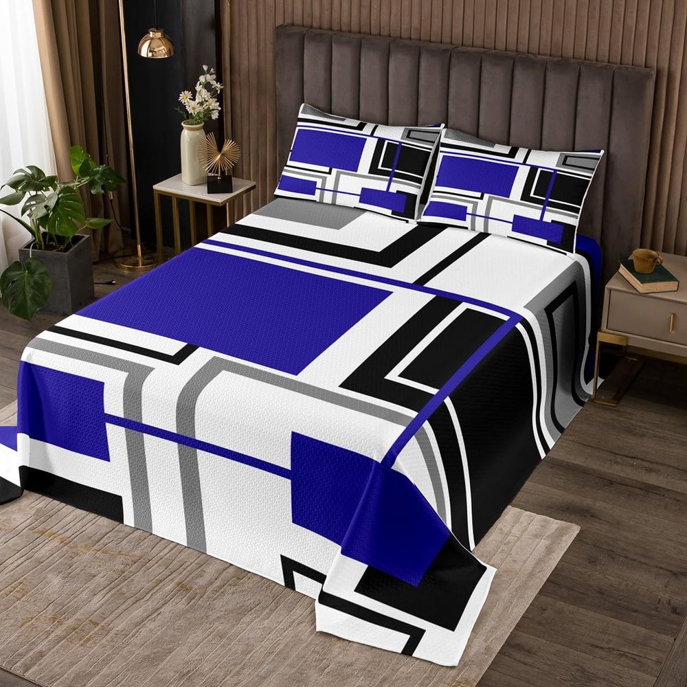 Geometric Squares Abstract Kids Bedspread King Size,Grids Diamond Geometric Coverlet Set,Girls Boys Adults Room Decor,Blue Black White Fashion Quilted Coverlet,Modern Bedding Quilt,2 Pillowcases