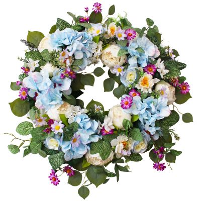24 Inch Spring Wreaths for Front Door, Spring Wreath,Blue Hydrangea Wreath,Large Spring Summer Door Wreaths for Front Door Outside All Season Home Decor (Blue)