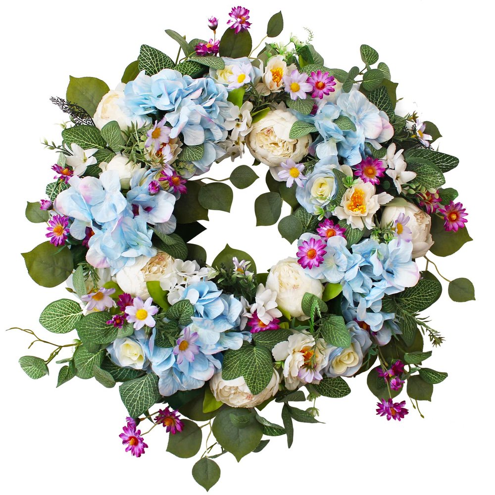 24 Inch Spring Wreaths for Front Door, Spring Wreath,Blue Hydrangea Wreath,Large Spring Summer Door Wreaths for Front Door Outside All Season Home Decor (Blue)