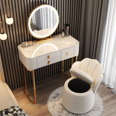 KWOKING Makeup Vanity Wood Vanity Set with Stool & LED Dimmable Mirror Small Apartment Slate Dressing Table Bedroom Dressing Table White with A Sewn Pillow Back Stool 31" L x 16" W x 31" H