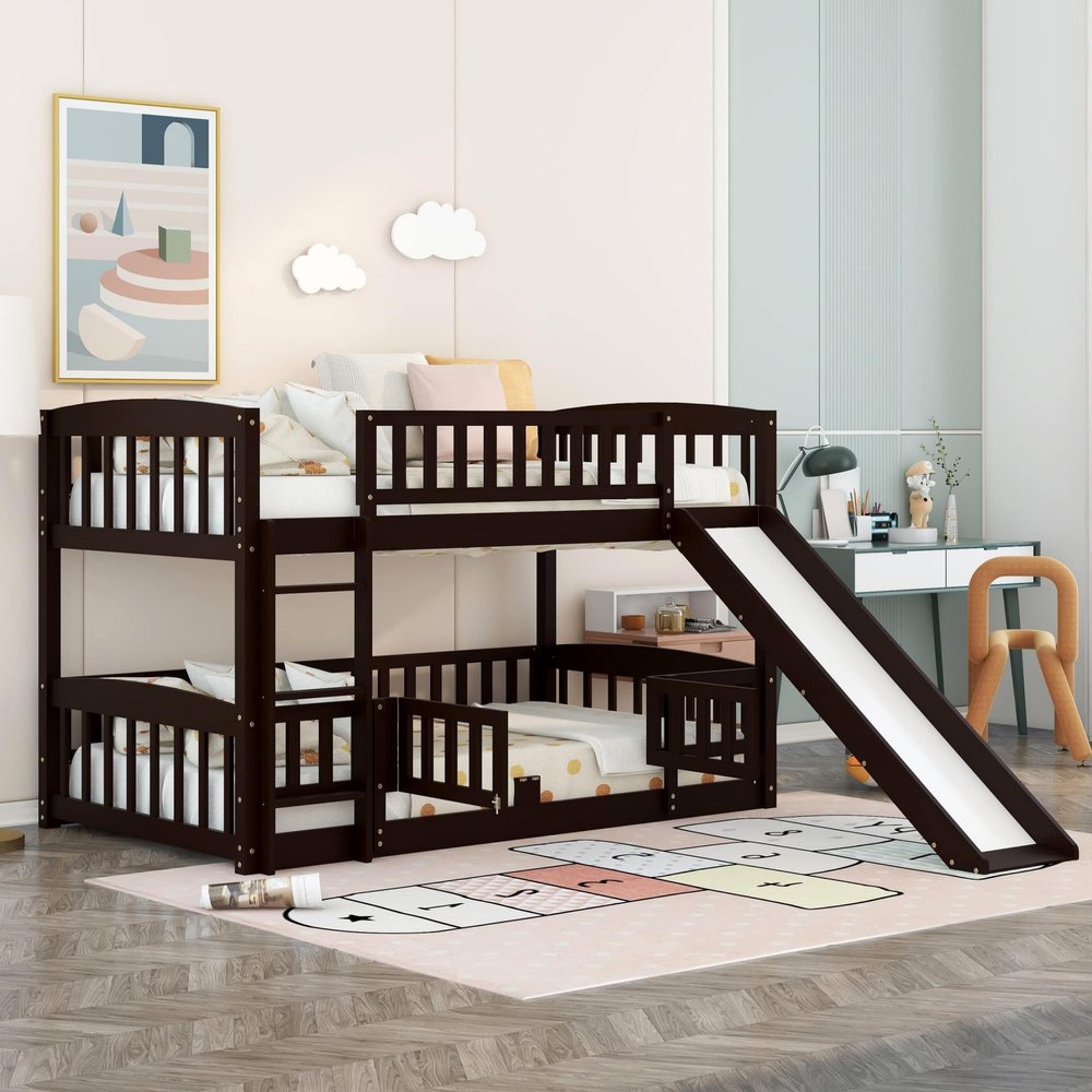 Low Bunk Beds with Slide for Kids Twin Over Twin Floor Bunk Bed with Fence and Ladder Solid Wood Twin Bunk Bed Frame for Toddler Teens Girls Boys, Espresso