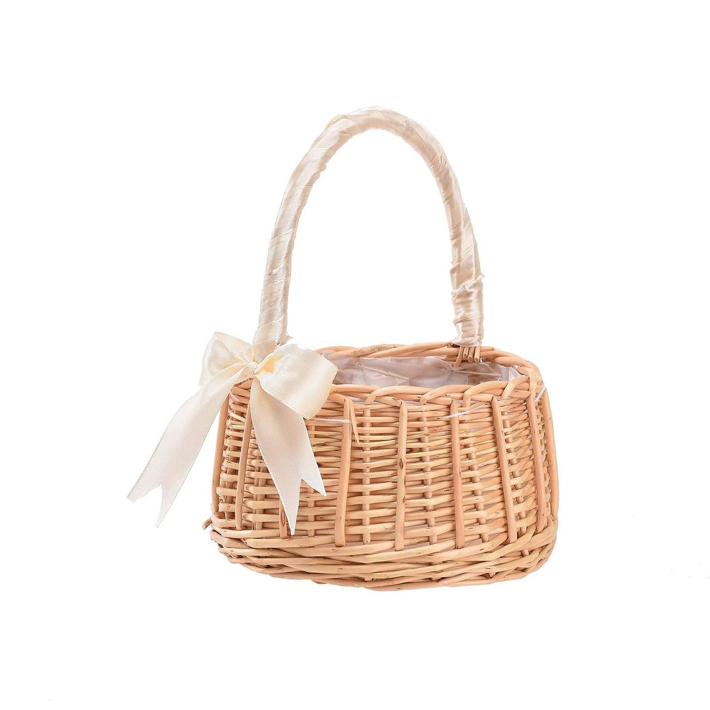 Wicker Rattan Woven Storage Flower Basket with Handles, Wedding Flower Girl Basket Willow Basket with Ribbon, Easter Gift Cookie Basket Woven Wedding Candy Bins for Wedding Easter Party Decor(White L)