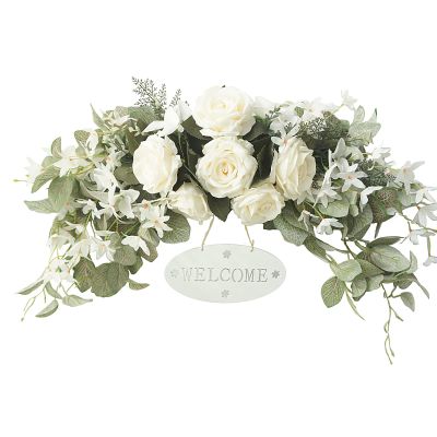 30in Hanging Arch Wreath Decorative Front Door Floral Swag with Peonies & Eucalyptus Leaves Artificial Peony Rose Flower Swag with Welcome Sign, for Home Room Garden Lintel Wedding Party Decor(White)