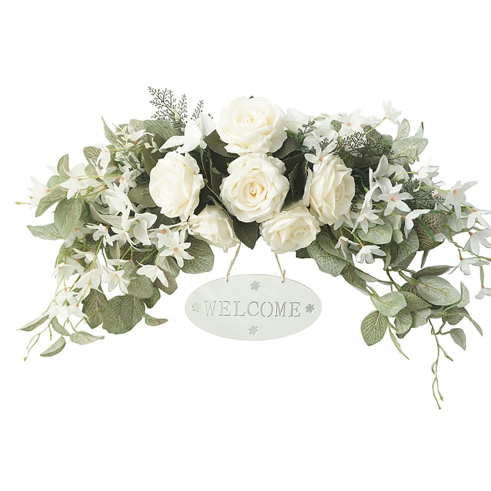 30in Hanging Arch Wreath Decorative Front Door Floral Swag with Peonies & Eucalyptus Leaves Artificial Peony Rose Flower Swag with Welcome Sign, for Home Room Garden Lintel Wedding Party Decor(White)