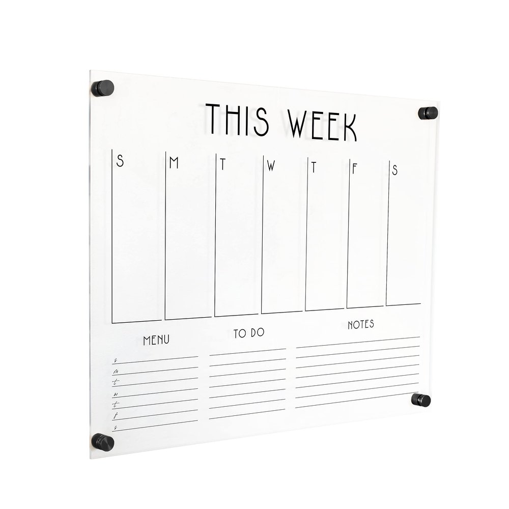 Personalized Acrylic Calendar for Wall Horizontal Weekly Calendar with 3 custom sections (23"Wx18.5"H, Matte Black Standoffs)