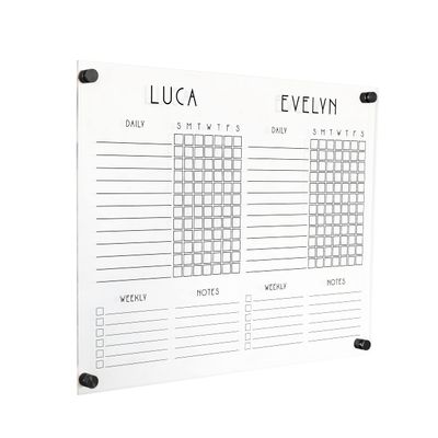 Personalized Acrylic Chore Chart for Wall (23"Wx18.5"H, Matte Black Standoffs)