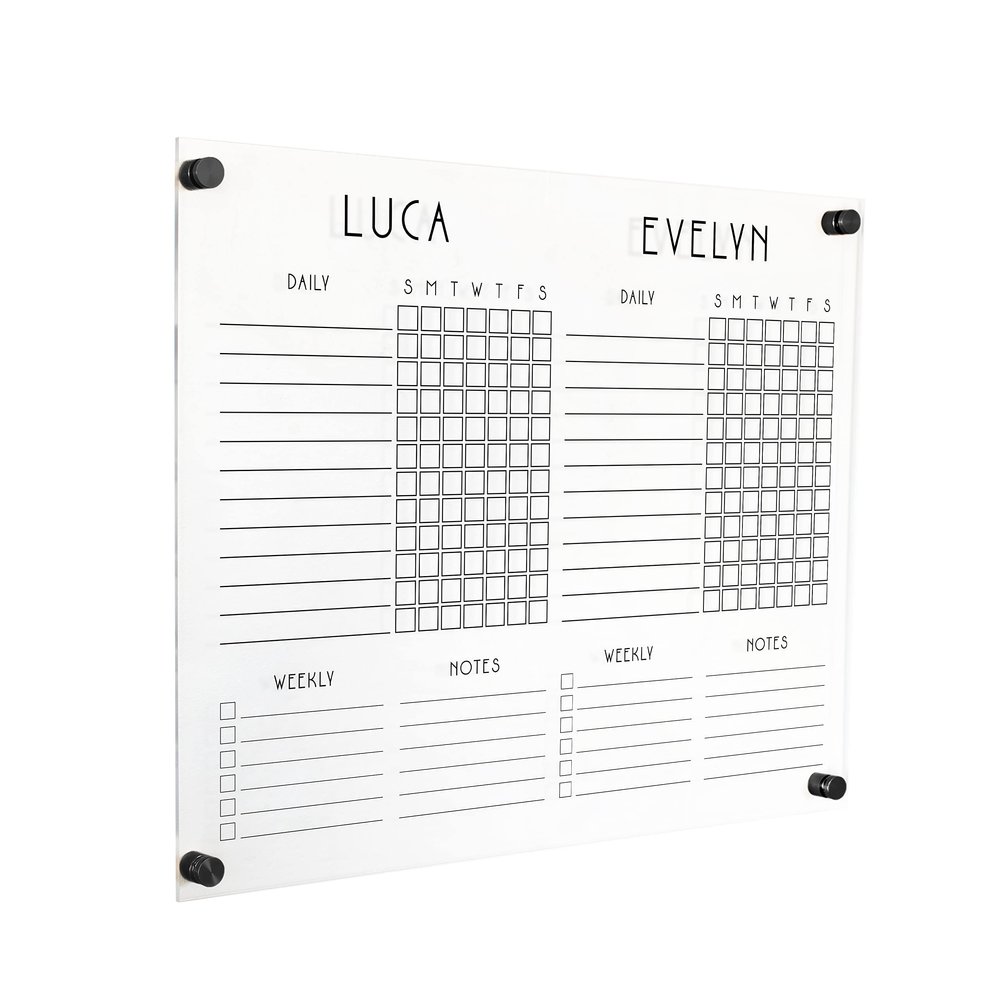 Personalized Acrylic Chore Chart for Wall (23"Wx18.5"H, Matte Black Standoffs)