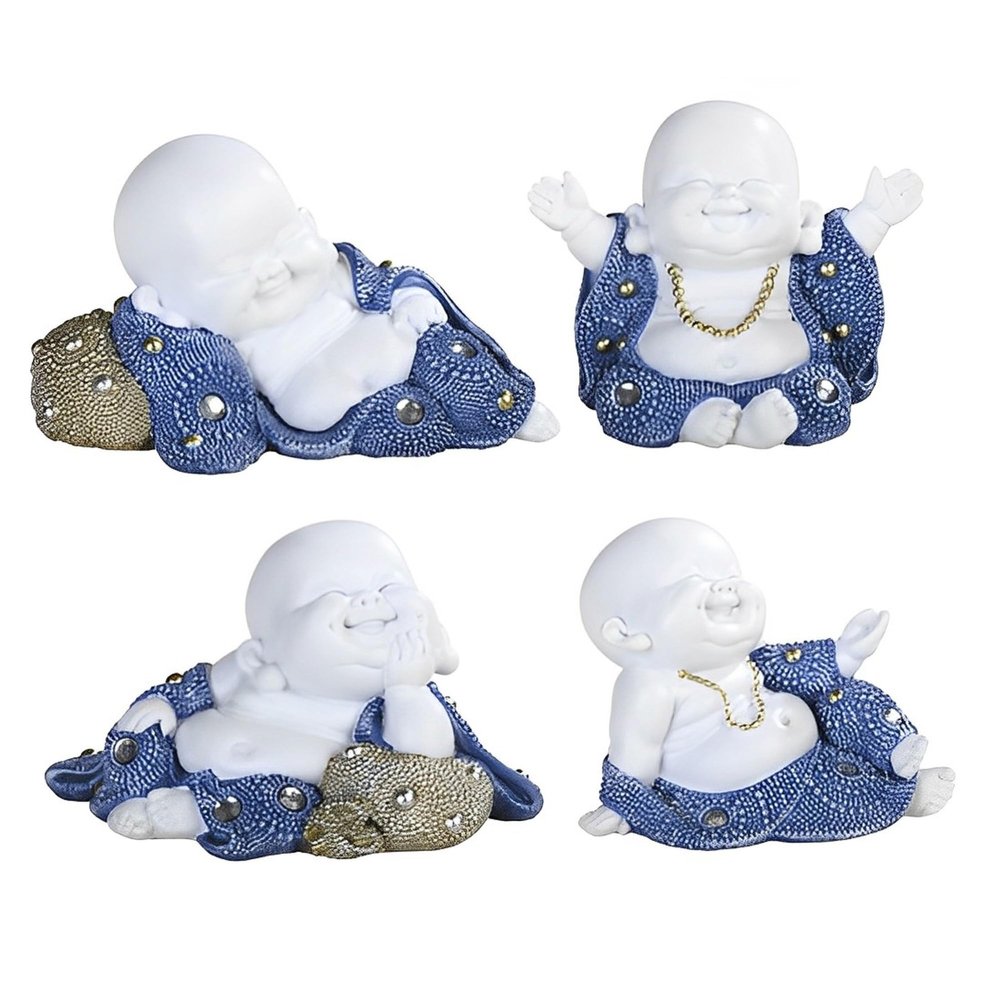 ICE ARMOR 4-PC Blue and White Miniature Maitreya Buddha in Different Poses 4.5" H Feng Shui Statue Decoration Figurine Set