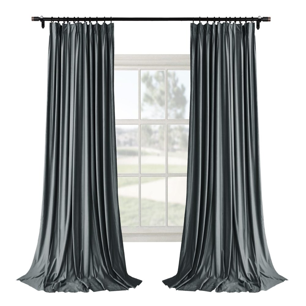 Macochico Pinch Pleated Blackout Curtain Drape with Liner Soft Velvet Thermal Insulated Room Darkening Window Curtain for Bedroom Living Room, Dark Grey, 84W x 84L, 2 Panels