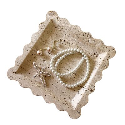 SAIDKOCC Vintage Natural Marble Tray Small Ornaments Scalloped Tray Handmade Storage Dish for Counter, Vanity, Dresser, Nightstand and Desk (Beige Travertine)